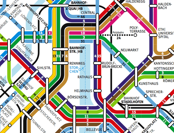 Ausschnitt aus dem Netz der Zürcherischen Verkehrsbetriebe; Klicke auf Bild                 für gesamtes Liniennetz!