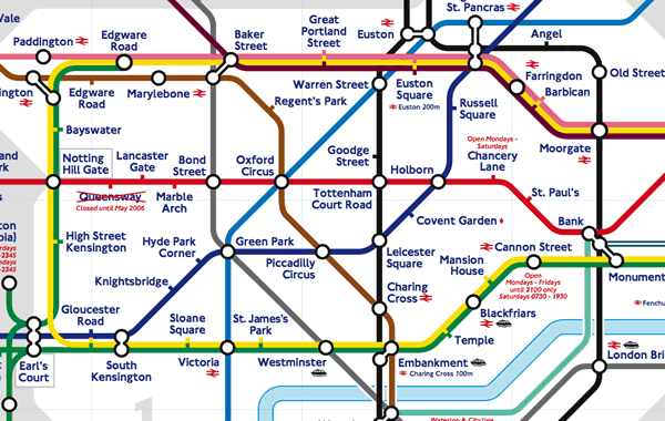 Detail of the map of the London tube. Click on map to see the whole map