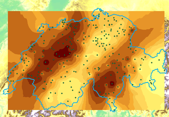 Schätzoberfläche aus inverser Distanz-Gewichtung,                      Datengrundlage sind Schweizer Niederschlagsmesswerte. Beachten Sie                     einige „Höfe“, also Bereiche gleicher Werte um bekannte Datenpunkte