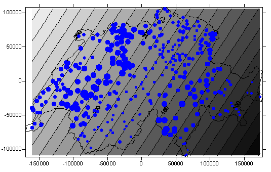 Beispiel einer Globalen                     Interpolation – Lineare Trendoberfläche für Schweizer Niederschlagsdaten