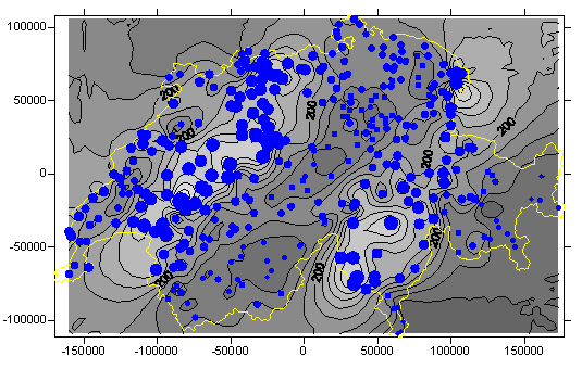 Beispiel einer lokalen                     Interpolation – Radial Basis Interpolation für Schweizer Niederschlagsdaten