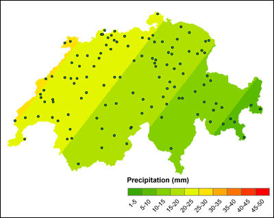 Example of a global interpolation – linear trend                   surface for Swiss rainfall data. (Provided by Ross Purves)