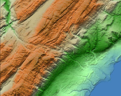 Extrait du modèle numérique d’altitude sur la région de                    Nyon (source Swisstopo MNA2 - maille de 25 mètres).                    Les couleurs représentent des intervalles d'altitude du moins élevé en                    bleu au plus élevé en brun.