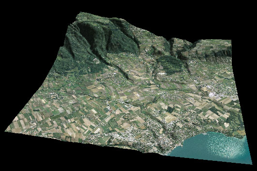 Une vue 3D de la région de Nyon (source Swisstopo: orthophoto drappée sur le modèle numérique d'altitude au 1:25'000)