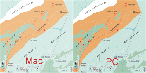 Colour      differences example between Mac and PC (Kartenquelle: Studentenarbeit FHBB)