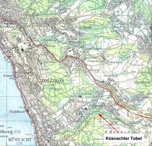 Lage des Testbachs „Küstnachter Tobel“.      Ausschnitt aus der Landeskarte 1:50000,5011 „Zürichsee - Zug“,      gescannt. Mit Bewilligung von swisstopo (BA057224).