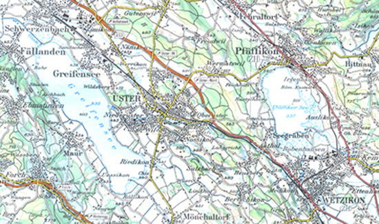 Übersicht über das Testgebiet „Aabach“ (zwischen Pfäffikersee und Greifensee). Ausschnitt aus der Landeskarte    1:100'000, 33,Toggenburg, Ausgabe 1999, gescannt. Mit Bewilligung von swisstopo (BA057224).