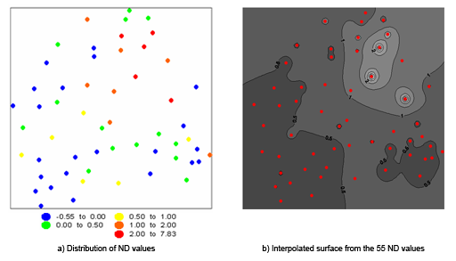 Spatial distribution of the normalised difference (ND) in population growth for the 55 localities in the district of the Sarine during the period 1900-1986.