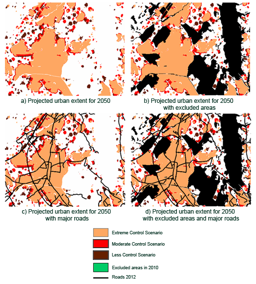                      Projected urban extent for 2050 according to the three scenarios and related with the road network and excluded areas (adapted from Al-Ghamdi, 2008).                     