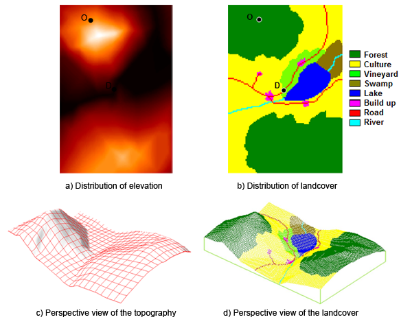 Topography and landcover distributions in the region of Examplis. The origin (O) and the destination (D) of the walker’s movement are indicated