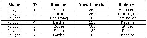 Table ''Parcels: tree species (Baumart), stock (Vorrat), and soil type (Bodentyp)''