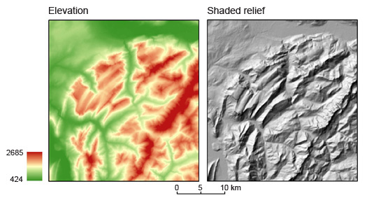  Hypsographie (links), Reliefschattierung (rechts).    Quelle: Shuttle Radar Topography Mission