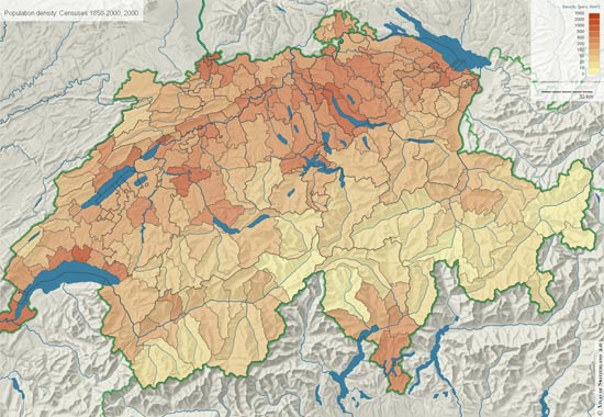 Population density of Switzerland on district level (Institute of       Cartography 2004)